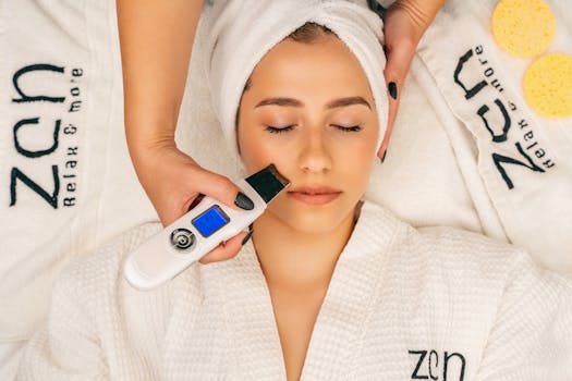 A serene spa experience with a woman getting a facial treatment using an ultrasonic device.